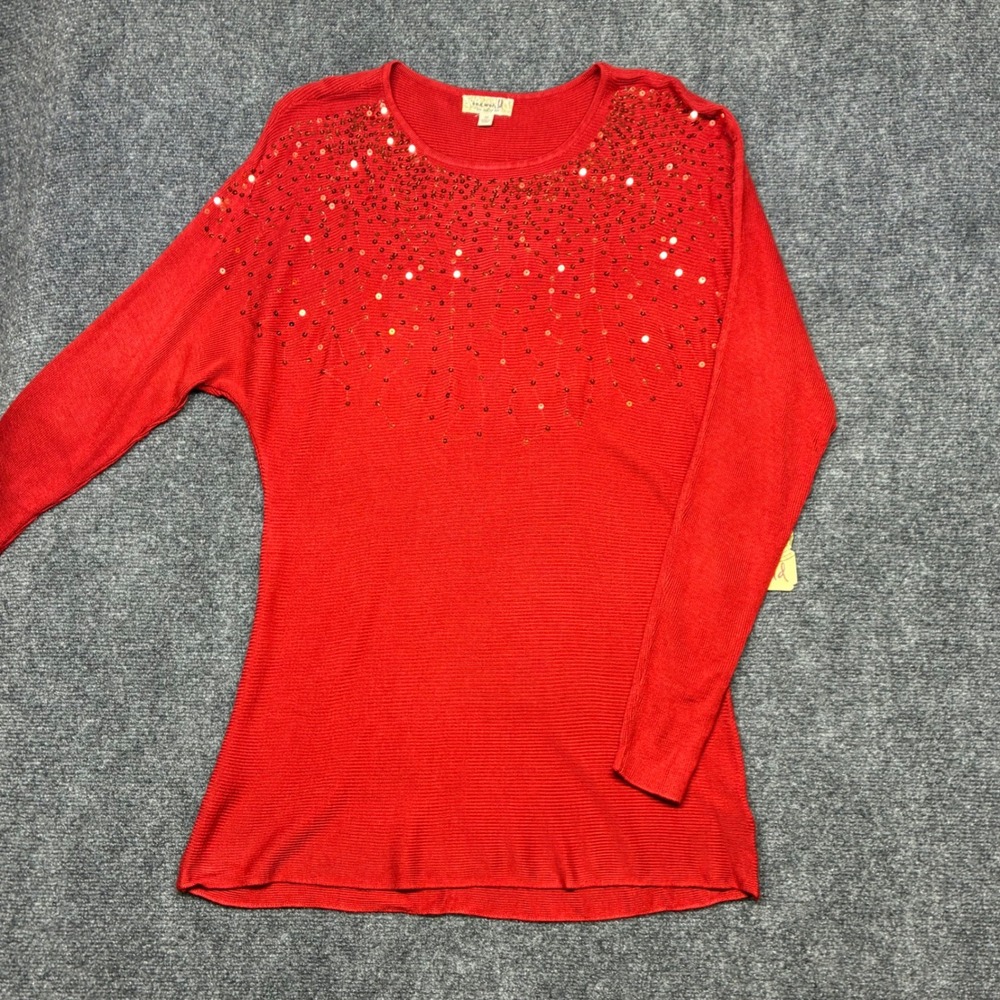 One World Red Rhinestone Embellished Knit Long Sleeve Sweater Holiday Size M